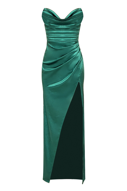 Derly Draped Wrap Strapless Maxi Dress In Green