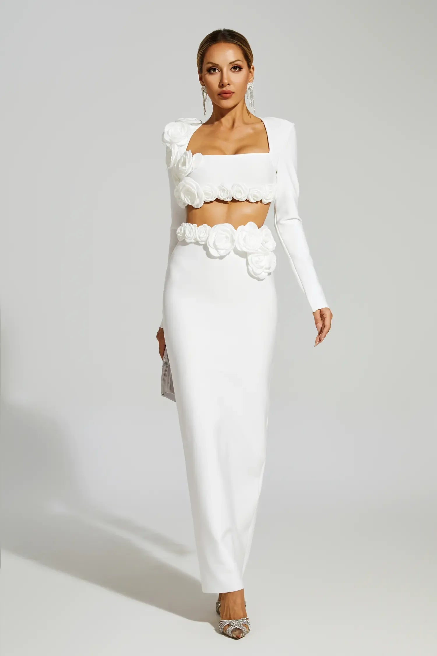 Dellis Flower Bandage Skirt Set In White