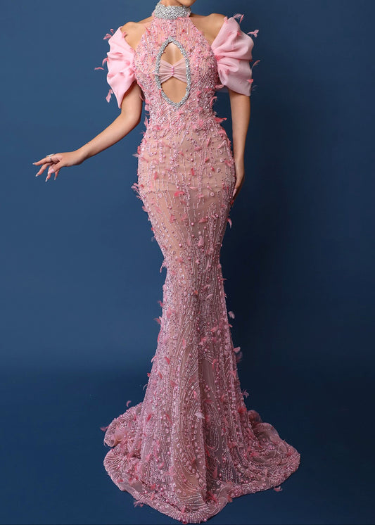 Kalene Halter Crystal Sequin Feather Maxi Dress In Pink