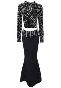Reinier Long Sleeve Pearl Crystal Two Piece Maxi Dress In Black