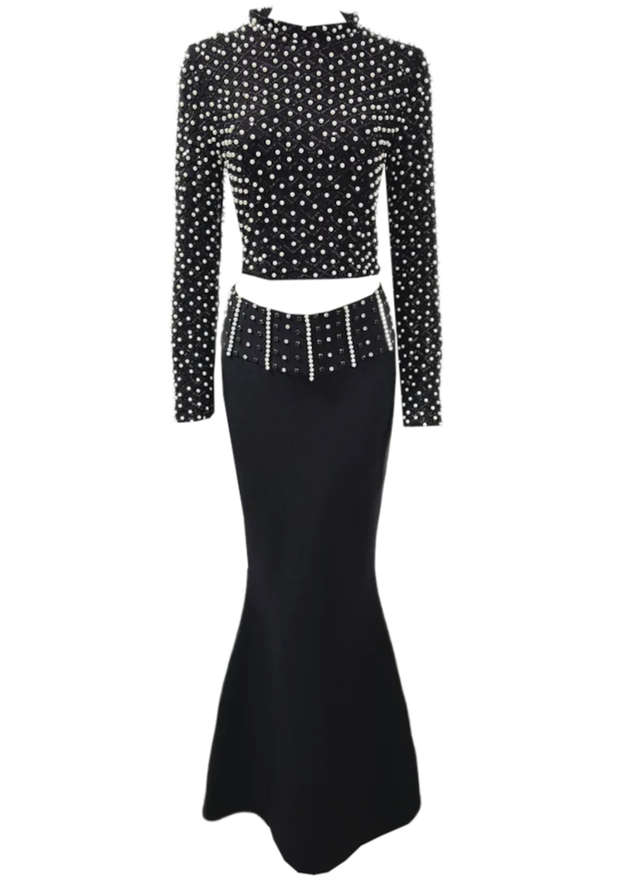 Reinier Long Sleeve Pearl Crystal Two Piece Maxi Dress In Black