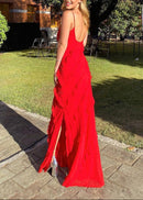 Kafele Wavy Slit Maxi Dress In Red