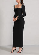 Firenze Long Sleeve Crystal Embellished Trim Maxi Dress In Black