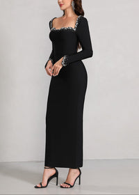 Firenze Long Sleeve Crystal Embellished Trim Maxi Dress In Black