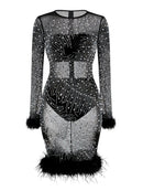 Vince Rhinestone Embellished Feather Trim Midi Dress In Black