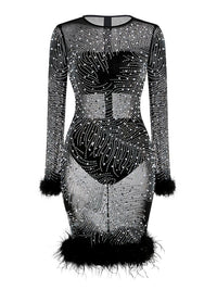 Vince Rhinestone Embellished Feather Trim Midi Dress In Black