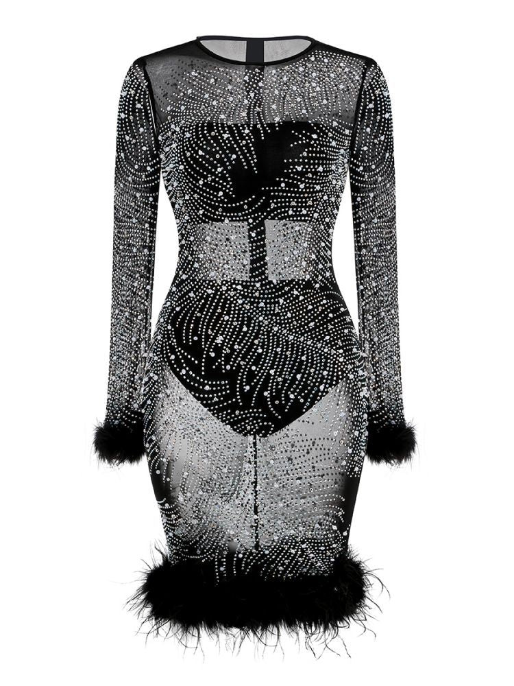 Vince Rhinestone Embellished Feather Trim Midi Dress In Black