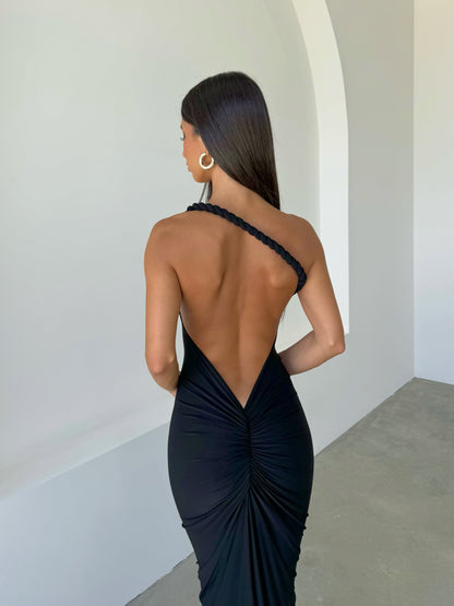 Lesya Halter Neck Pleated Backless Maxi Dress In Black