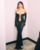 Gloria Long Sleeve Bustier Ruched Mesh Maxi Dress In Black