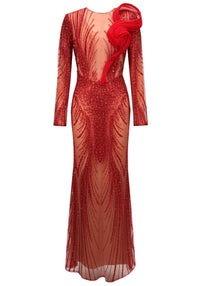 Fiorenza Long Sleeve Sequin Mesh Maxi Dress In Red