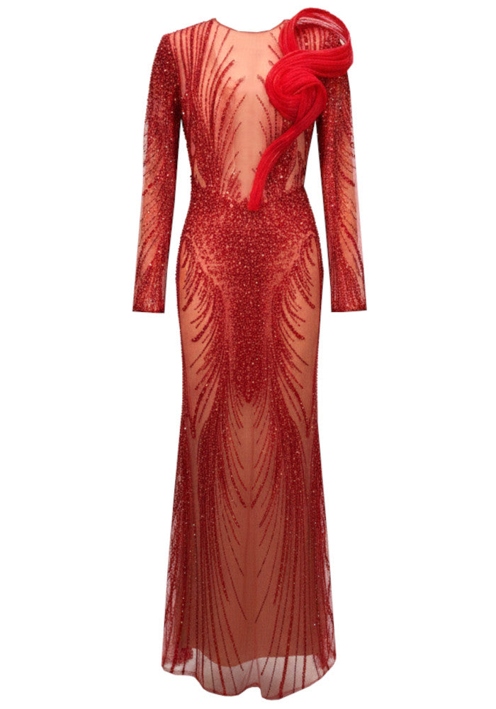 Fiorenza Long Sleeve Sequin Mesh Maxi Dress In Red