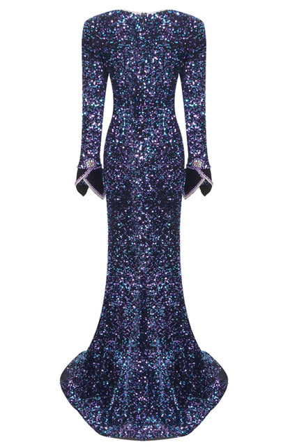 Calixto Long Sleeve Crystal Sequin Mermaid Maxi Dress In Blue