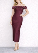 Battista Floral Bardot Midi Dress In Burgundy