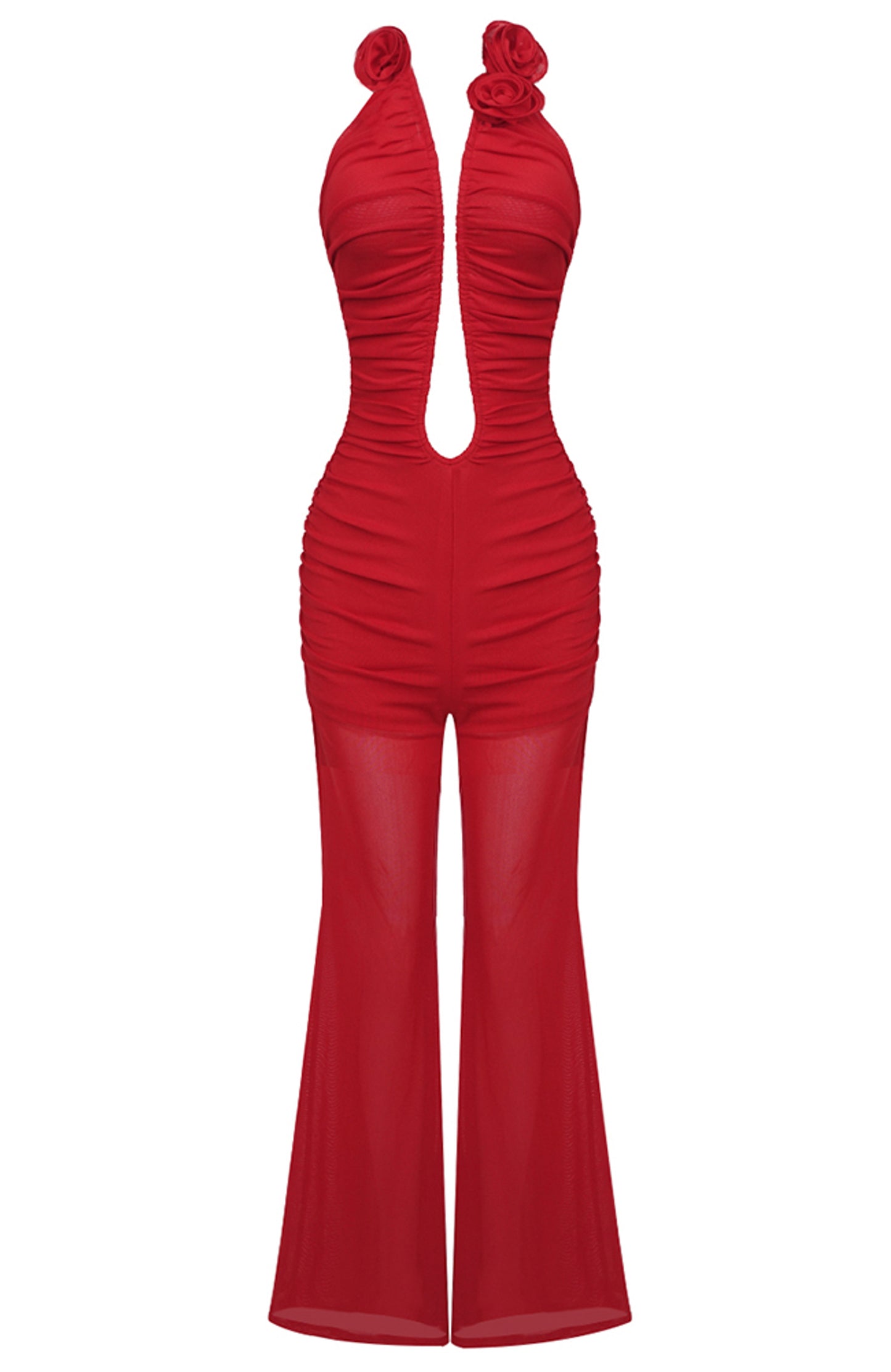 Aiyana Strapless Floral Ruched Jumpsuit In Red