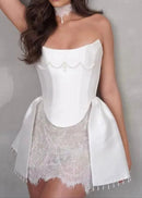 Afzal Strapless Pearl Lace A Line Mini Dress In White