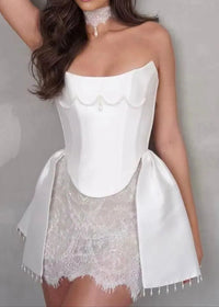 Afzal Strapless Pearl Lace A Line Mini Dress In White