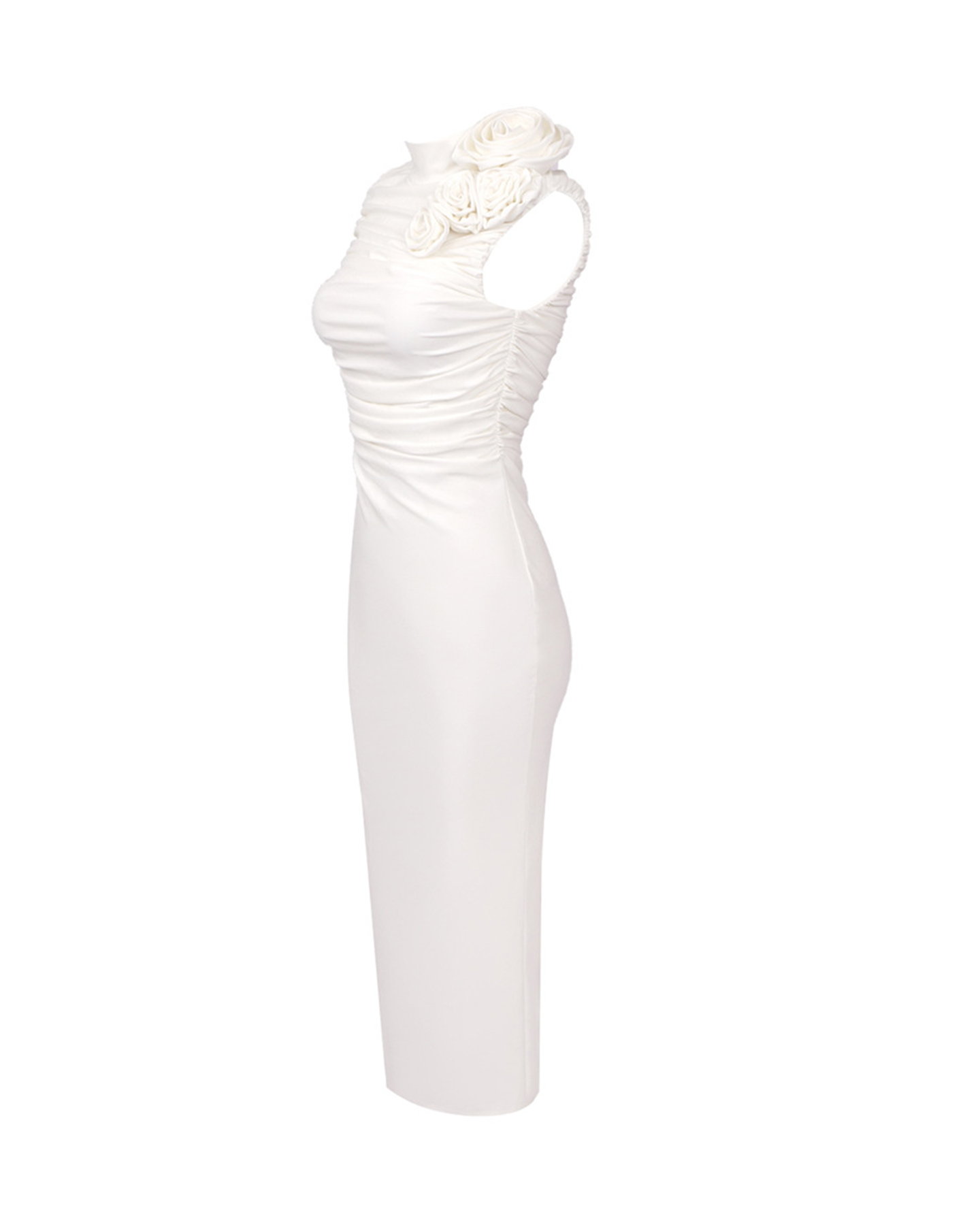 Liliana Flower Embellished Ruched Midi Dress In White