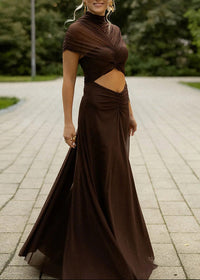 Farrux Draped Mesh A Line Maxi Dress In Brown