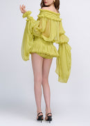 Cemach Off Shoulder Ruched Dress Set In Chartreuse
