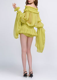 Cemach Off Shoulder Ruched Dress Set In Chartreuse