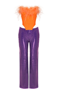Juhan Orange Feather And Purple Sequined Trousers Two-Piece Set