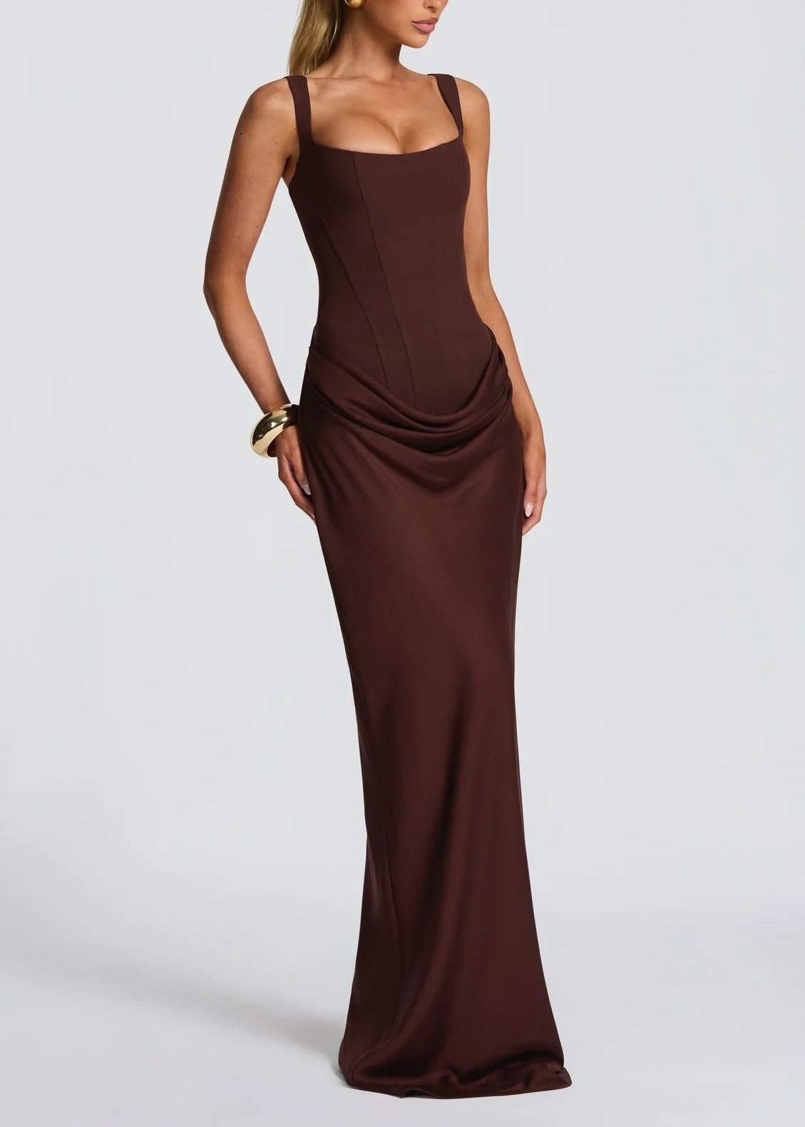 Feyza Corset Draped Maxi Dress In Brown