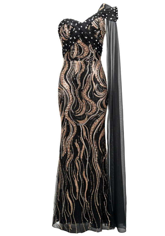 Joviana One Shoulder Sequin Maxi Dress In Black Gold