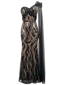 Joviana One Shoulder Sequin Maxi Dress In Black Gold