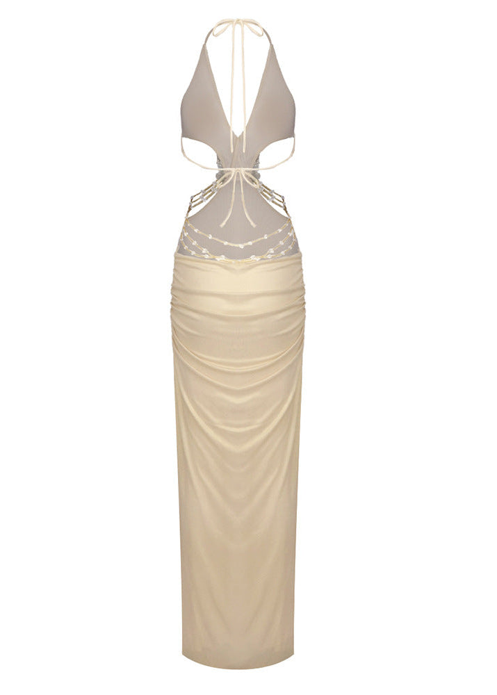 Dagfinn Halter Floral Backless Maxi Dress In Gold