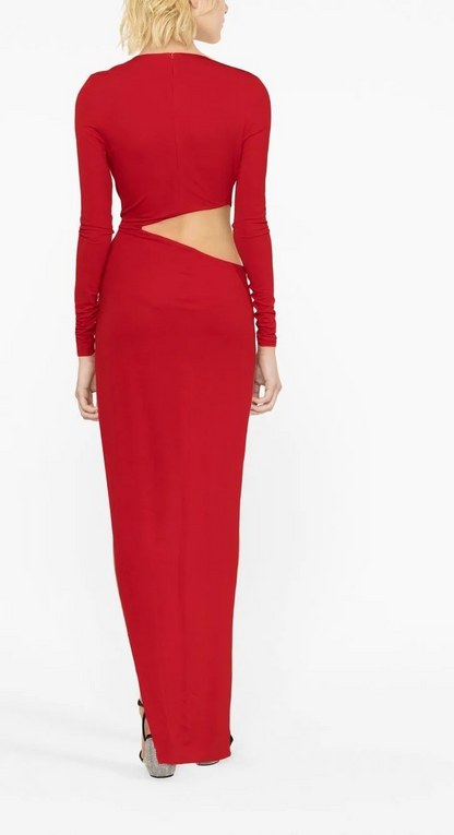 Pelze Deep V Side Opening Metal Ring Maxi Dress In Red