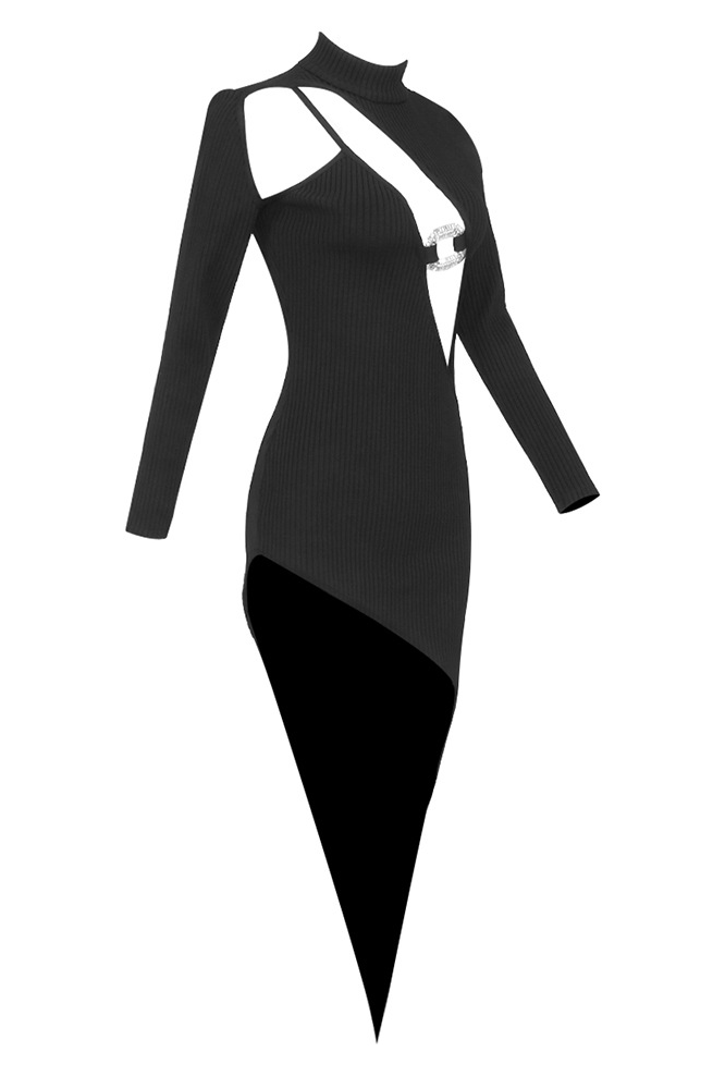 Zamir Crystal Buckle Cutout Asymmetrical Knit Dress