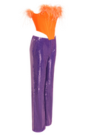 Juhan Orange Feather And Purple Sequined Trousers Two-Piece Set