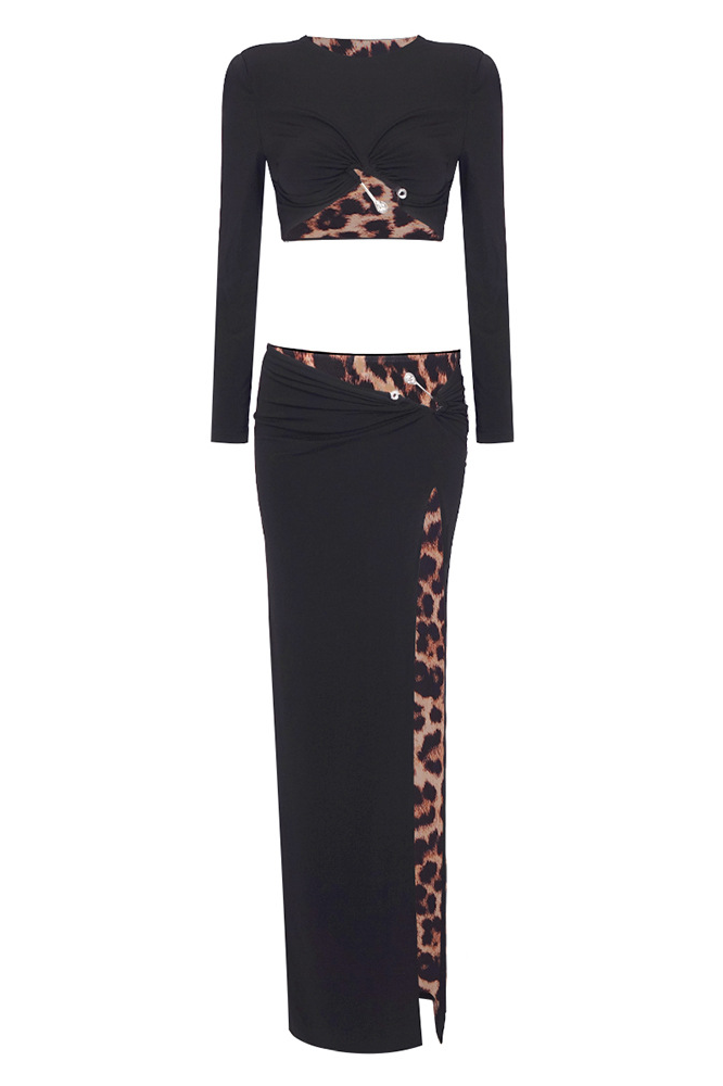 Liara Long-Sleeved Leopard Print Lined Two-Piece Set