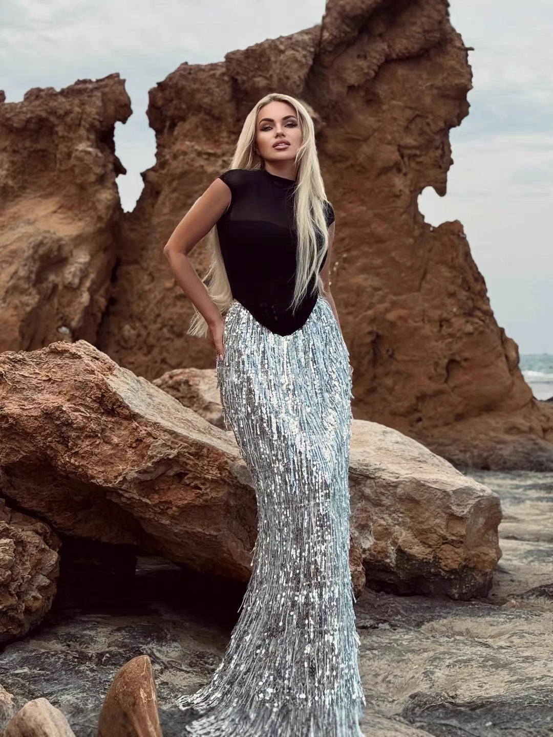 Jonix Mesh Tassel Sequin Long Skirt Set