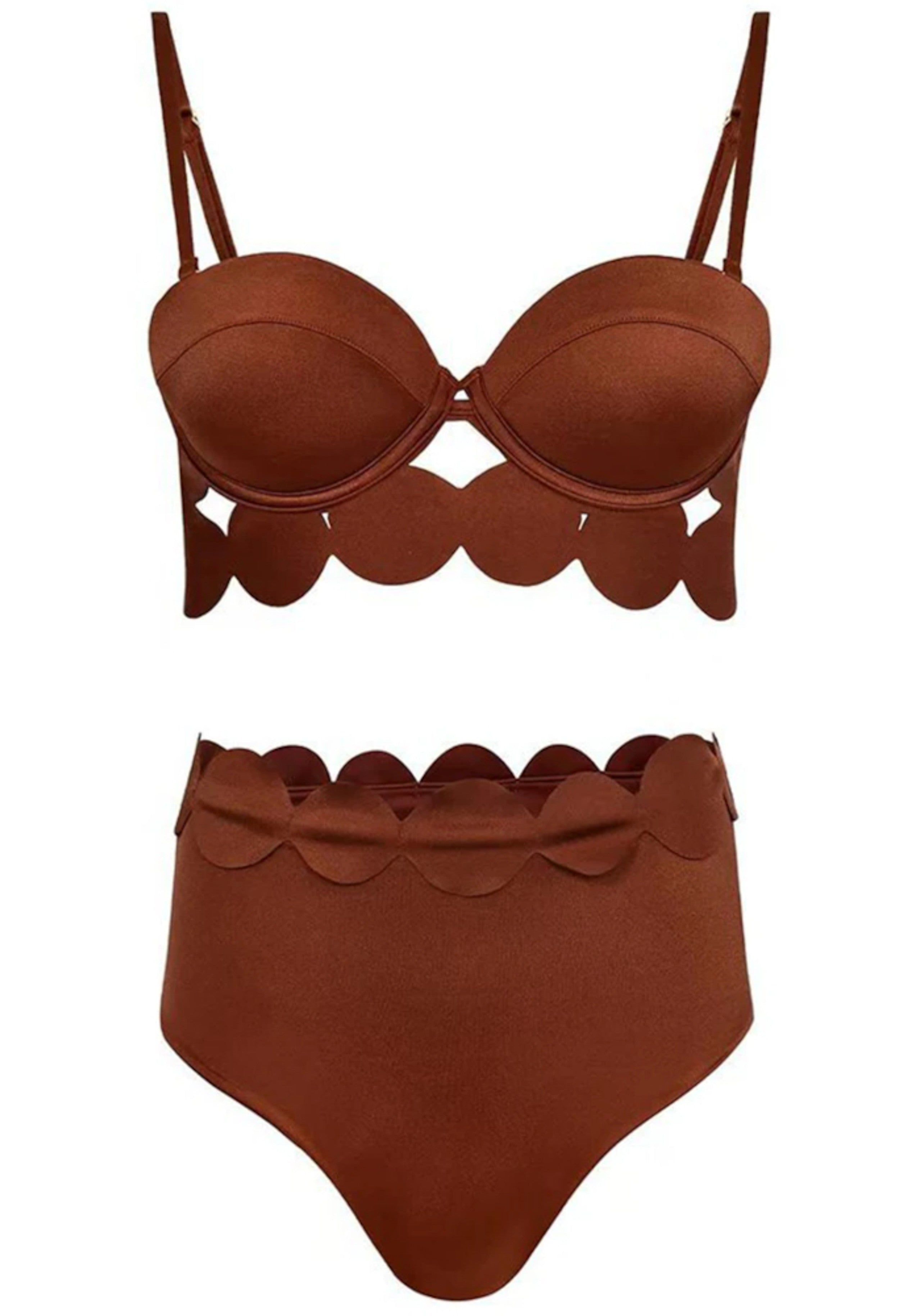 Naida Scalloped Three Piece Maxi Dress In Brown