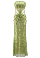 Basima Strapless Sequin Mesh Insert Maxi Dress In Green