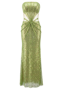 Basima Strapless Sequin Mesh Insert Maxi Dress In Green