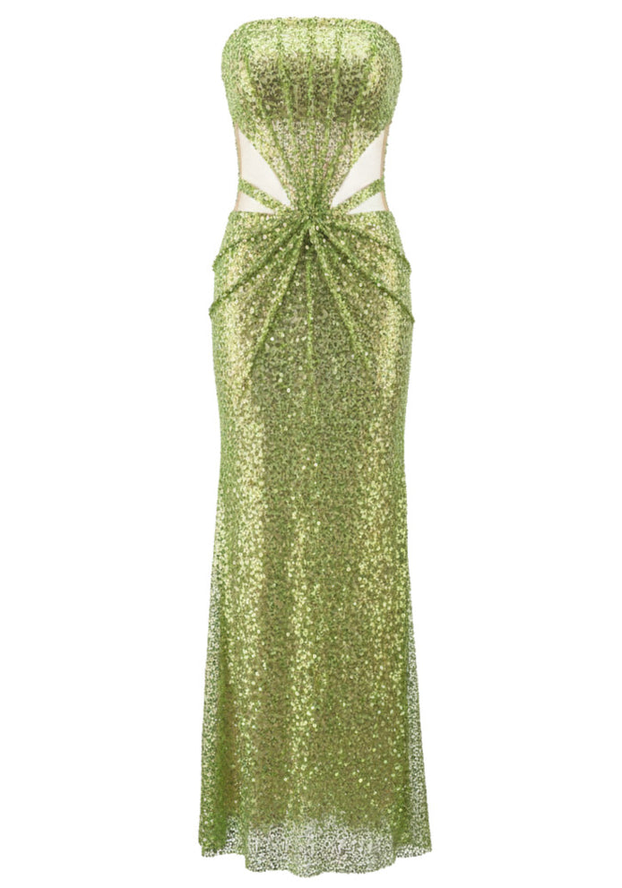 Basima Strapless Sequin Mesh Insert Maxi Dress In Green