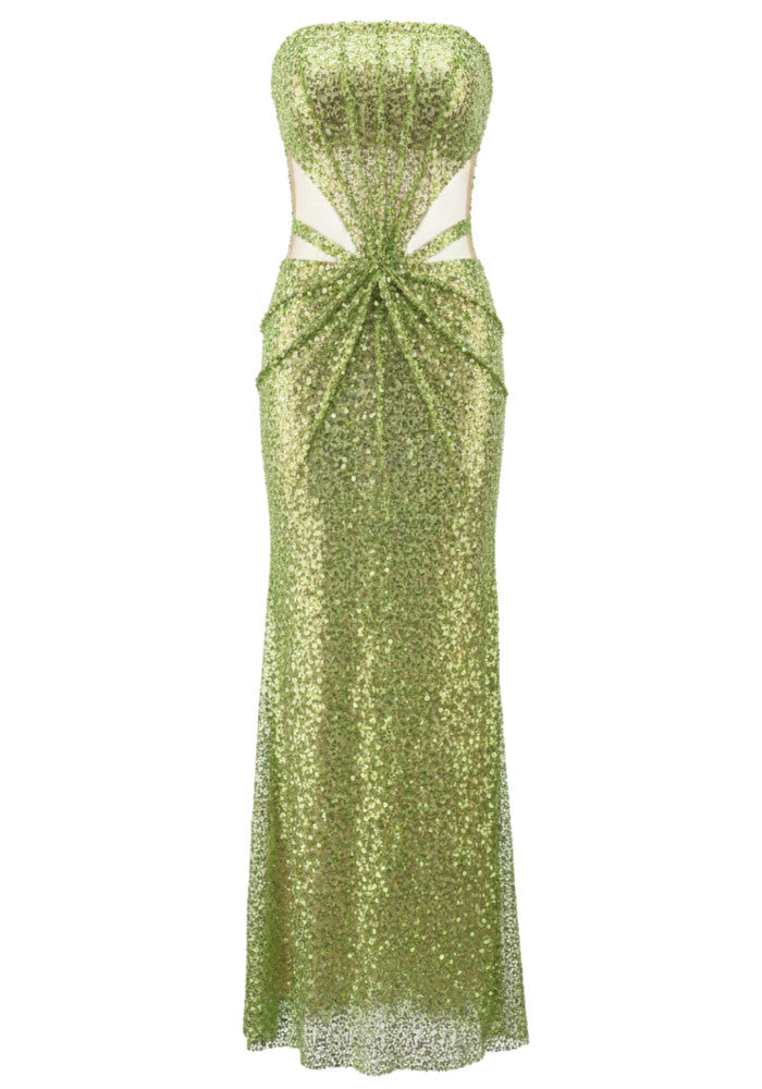 Basima Strapless Sequin Mesh Insert Maxi Dress In Green