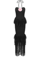 Clora Halter Floral Lace Ruffle Maxi Dress In Black