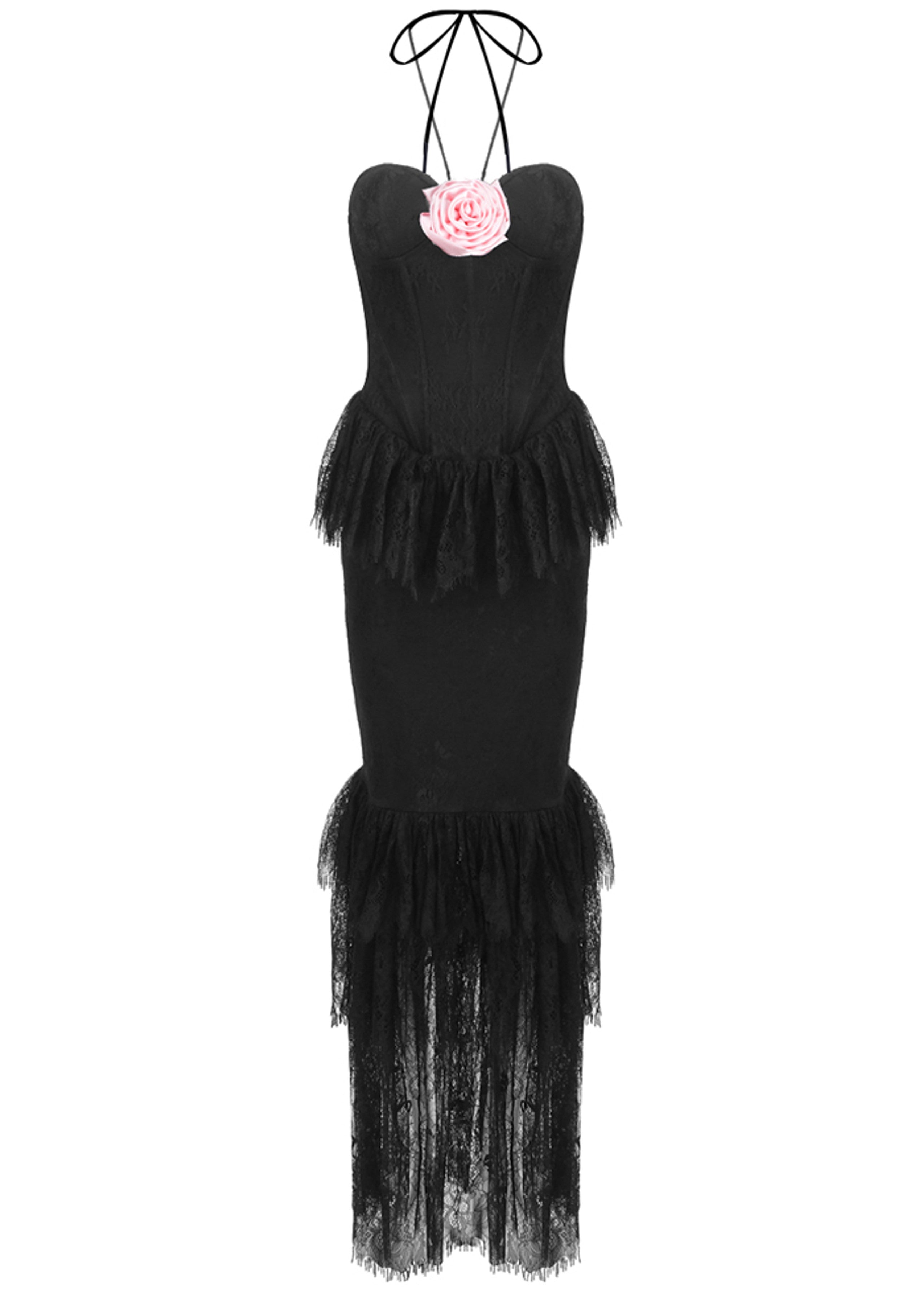 Clora Halter Floral Lace Ruffle Maxi Dress In Black