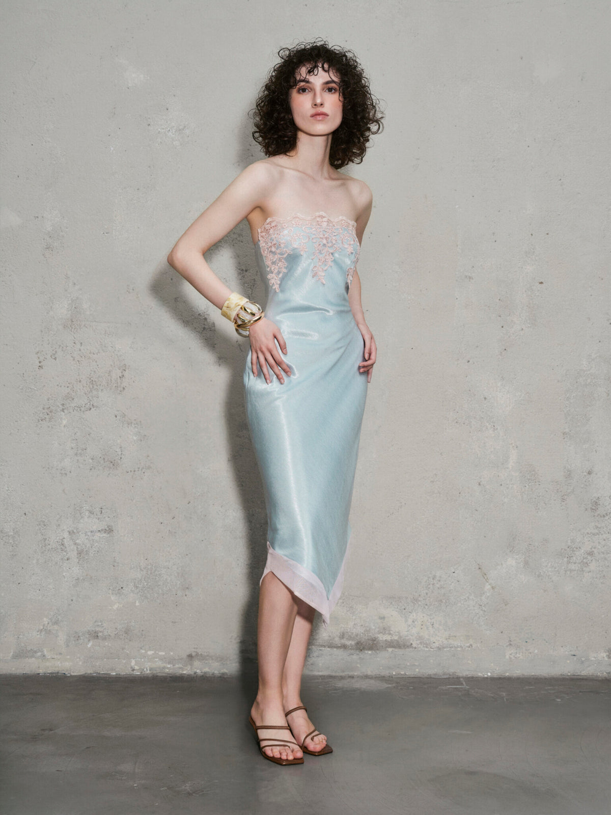 Gravenk Lace-Paneled Satin Midi Dress In Mint Blue