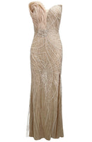 Kaelyra Strapless Draped Pearl Sequin Crystal Maxi Dress In Nude