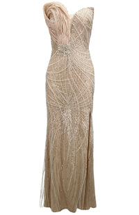 Kaelyra Strapless Draped Pearl Sequin Crystal Maxi Dress In Nude