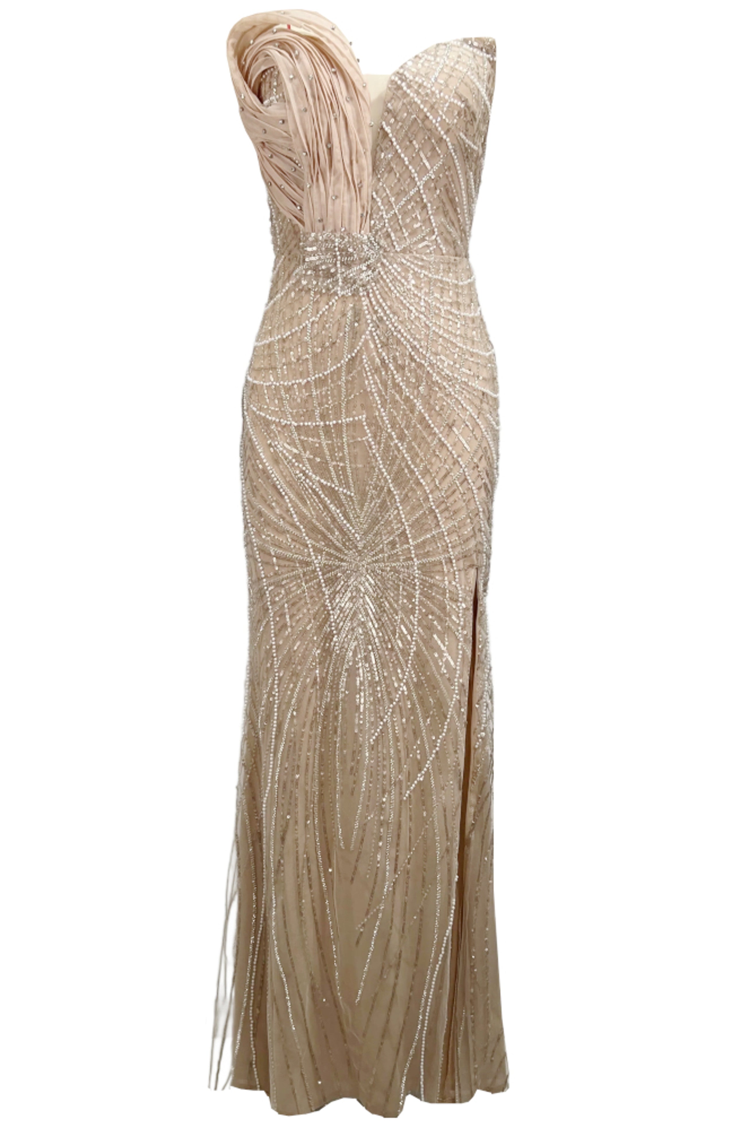 Kaelyra Strapless Draped Pearl Sequin Crystal Maxi Dress In Nude