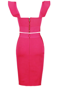 Rawan Ruffle Detail Ribbed Two Piece Midi Dress In Hot Pink