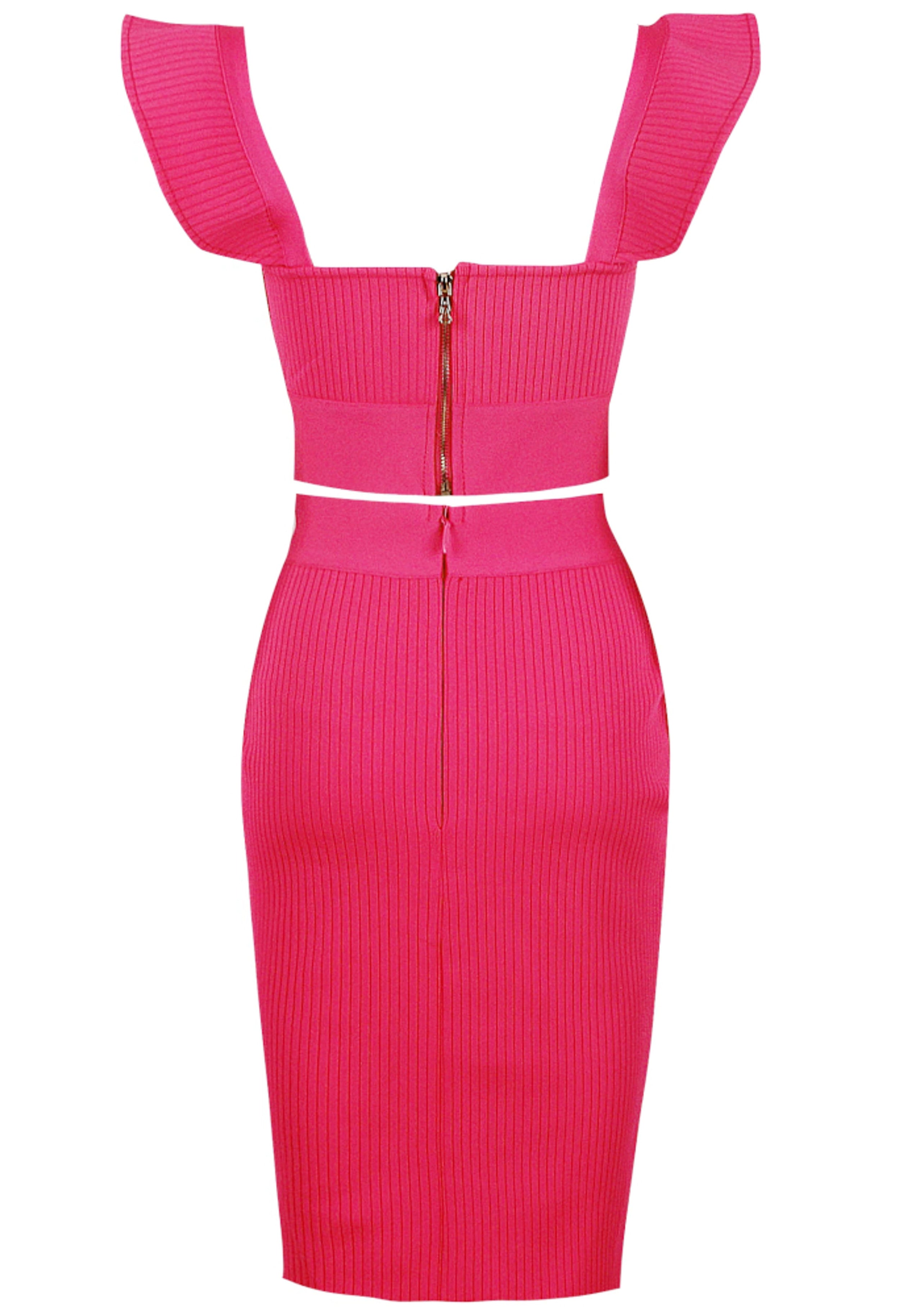 Rawan Ruffle Detail Ribbed Two Piece Midi Dress In Hot Pink