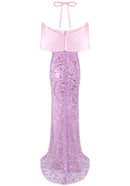 Jasani Halter Bardot Crystal Sequin Maxi Dress In Pink