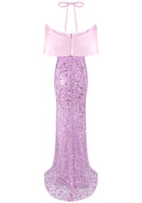 Jasani Halter Bardot Crystal Sequin Maxi Dress In Pink