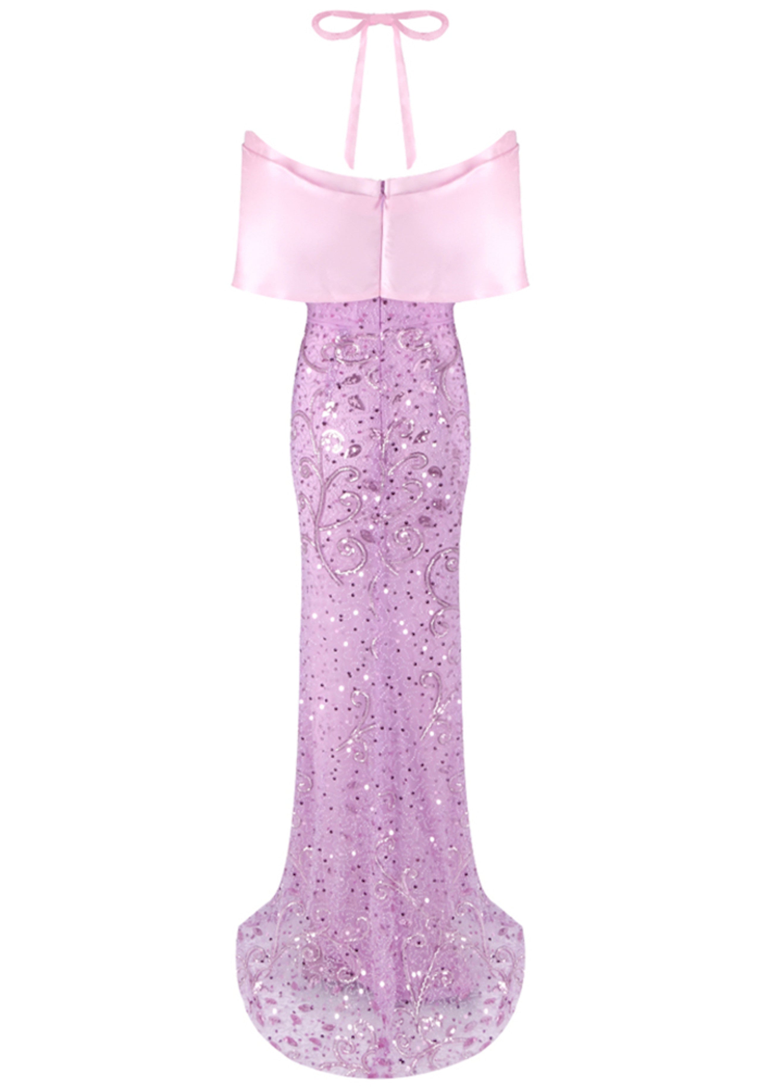 Jasani Halter Bardot Crystal Sequin Maxi Dress In Pink
